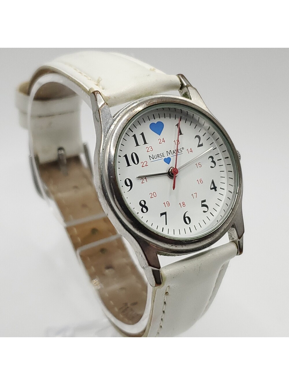 Nurse Mates White 24hr Dial 31mm Quartz Womens White Leather Band New Battery